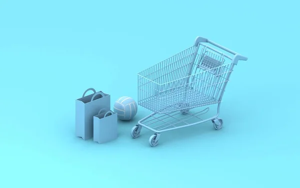 Shoping Cart Render Sfondo Blu Negozio Moderno Carretto Blu Negozi — Foto Stock