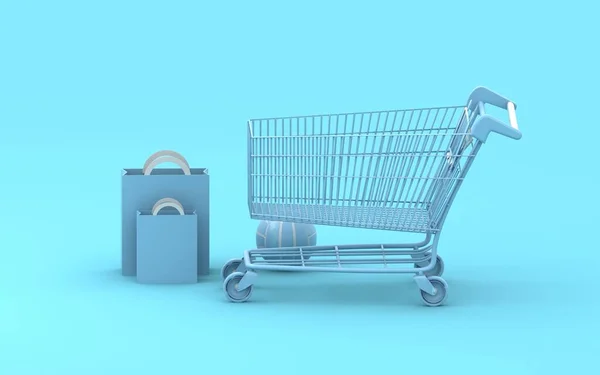 购物车3D渲染 蓝色背景 现代商店 蓝色购物车 网上购物 大减价买卖概念 — 图库照片