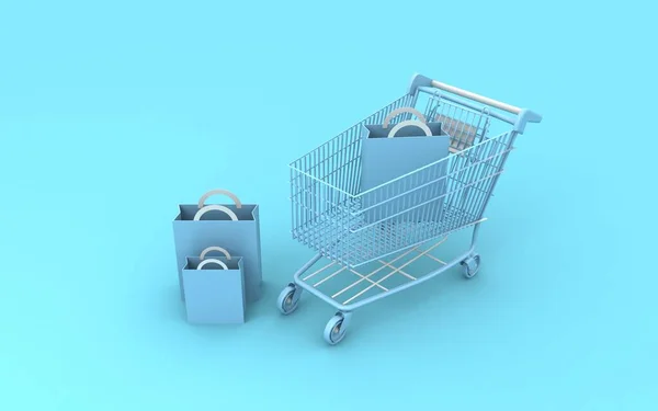 Shoping Cart Render Latar Belakang Biru Toko Modern Gerobak Belanja — Stok Foto