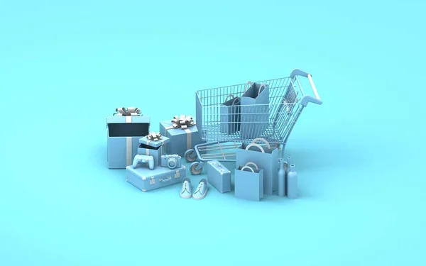 Shoping Cart Render Sfondo Blu Negozio Moderno Carretto Blu Negozi — Foto Stock