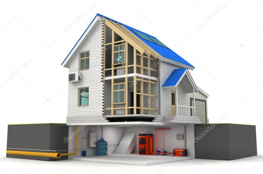 3d illustration of  house construction over white background. Home constructing building theme.