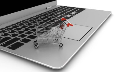 Çekici araba 3D görüntüleme. Mavi arka plan. Modern mağaza. Mavi alışveriş arabası. İnternetten alışveriş. Satılık. Alım ve satım kavramı.