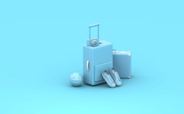 Seyahat eden 3D görüntüleme arkaplanı. Trip konsepti. Turist bagajı. Seyahat çantası. Modern pastel renk. Sade sinek. Meslek. Yaz tatili. Yolculuk. Macera.