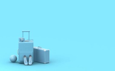 Seyahat eden 3D görüntüleme arkaplanı. Trip konsepti. Turist bagajı. Seyahat çantası. Modern pastel renk. Sade sinek. Meslek. Yaz tatili. Yolculuk. Macera.