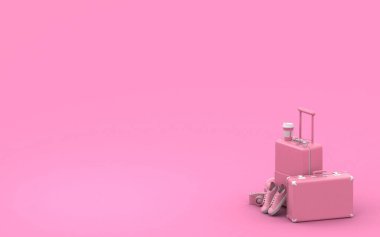 Seyahat eden 3D görüntüleme arkaplanı. Trip konsepti. Turist bagajı. Seyahat çantası. Modern pastel renk. Sade sinek. Meslek. Yaz tatili. Yolculuk. Macera.