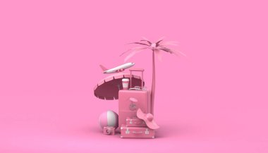 Seyahat eden 3D görüntüleme arkaplanı. Trip konsepti. Turist bagajı. Seyahat çantası. Modern pastel renk. Sade sinek. Meslek. Yaz tatili. Yolculuk. Macera.
