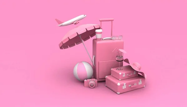 旅行3D渲染背景 旅行的概念 旅客行李 旅行包 现代的色泽 — 图库照片