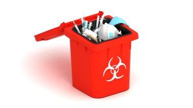 Tıbbi çöp 3D illüstrasyon. Coronavirus koruma ekipmanları tıbbi atık kutusunda. Kullanılmış yüz maskeleri ve steril eldivenler..