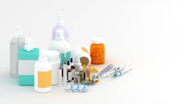Tedavi için 3 boyutlu ilaçlar ve tıbbi personel. İlaç, sağlık için konteynırda tedavi. Eczane teması, kapsül hapları ve paketlerde ilaç antibiyotiği..