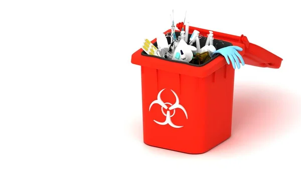 医疗垃圾3D说明 医用垃圾箱中的防腐剂 使用过的口罩和无菌手套 — 图库照片