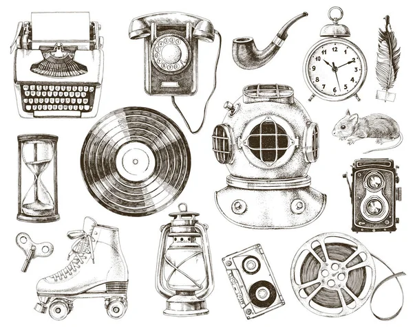 Hand drawn vintage monochrome objects collection — Stock Vector