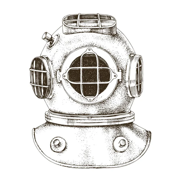 Diving monochrome helmet drawn in vintage style — Stock Vector