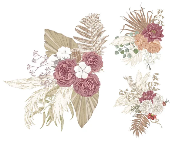 Σύνθεση του Boho με αποξηραμένα άνθη και φύλλα φοίνικα. — Διανυσματικό Αρχείο