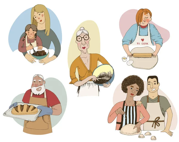 Diferentes personas horneando y cocinando en cocina — Vector de stock