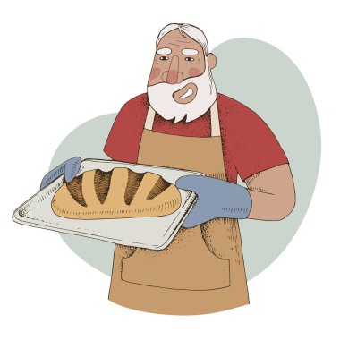 Mutlu yaşlı fırıncı gülümsüyor, elinde ekmek tutuyor.