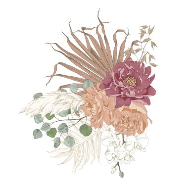 Kurumuş çiçek ve palmiye yapraklarının boho bileşimi.