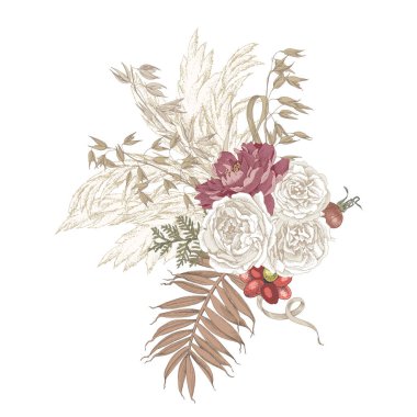 Kurumuş çiçek ve palmiye yapraklarının boho bileşimi.