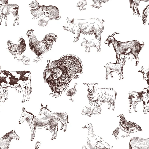 Απρόσκοπτη μοτίβο με χαριτωμένα ζωγραφισμένα στο χέρι ζώα αγρόκτημα — Διανυσματικό Αρχείο