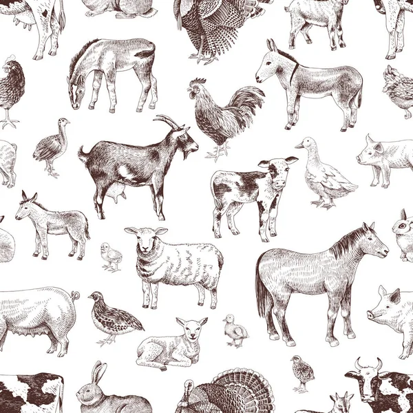 Patrón sin costura con lindos animales de granja dibujados a mano — Archivo Imágenes Vectoriales