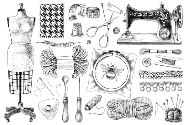 Vector monochrome Hand drawn vintage sewing kit. Royalty Free Stock Illustrations