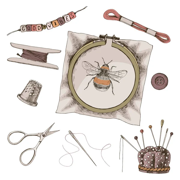 Набор старинных швейных инструментов ручной работы. — стоковый вектор