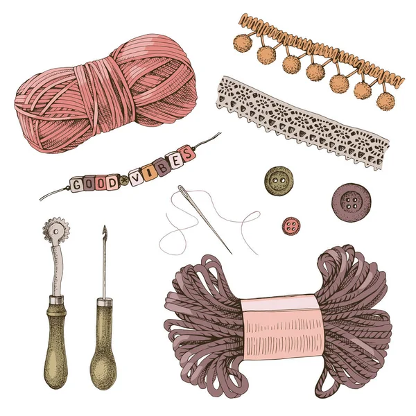 Набор старинных швейных инструментов ручной работы. — стоковый вектор