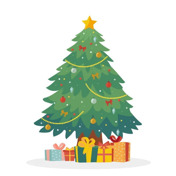 Árvore Natal Decorada Com Caixas Presente Uma Estrela Luzes Bolas Vetores De Bancos De Imagens