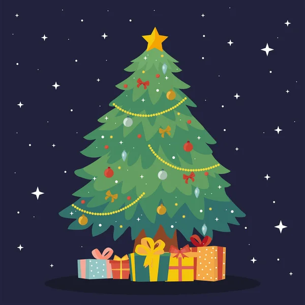 Árvore Natal Decorada Com Caixas Presente Uma Estrela Luzes Bolas Gráficos Vetores