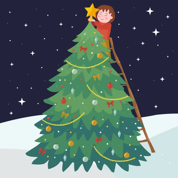 Girl Decorating Christmas Tree Festive Mood New Year — Stock Vector