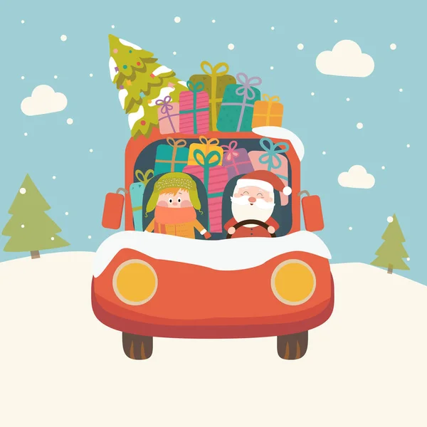 Cartoon Santa Claus Βόλτες Ένα Αυτοκίνητο Δώρα — Διανυσματικό Αρχείο