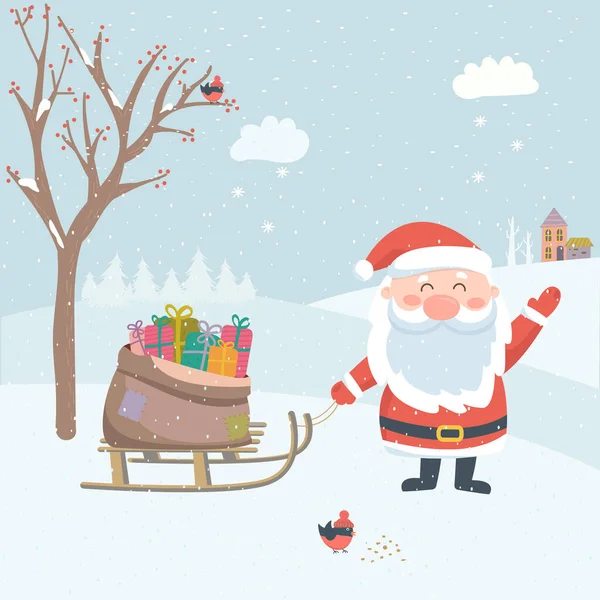Santa Claus Bag Gifts New Year Sleigh Christmas Card — Stock Vector