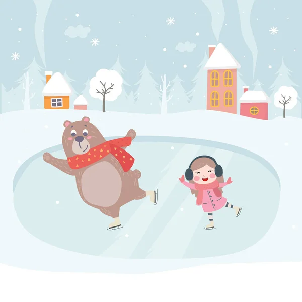 Καλές Γιορτές Κορίτσι Κάνει Πατινάζ Παγοδρόμιο Και Χειμερινή Διασκέδαση — Διανυσματικό Αρχείο