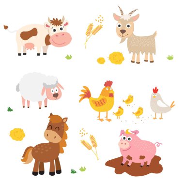 Çiftlik hayvanları. İnek, at, domuz, keçi, koyun, tavuk, tavuk, horoz.