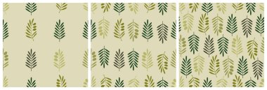 Olive branch seamless pattern set. Vector background with simple flat branches, leaves and fruits of olive tree repeatable randomly. For textile, interior, greeting and other design.