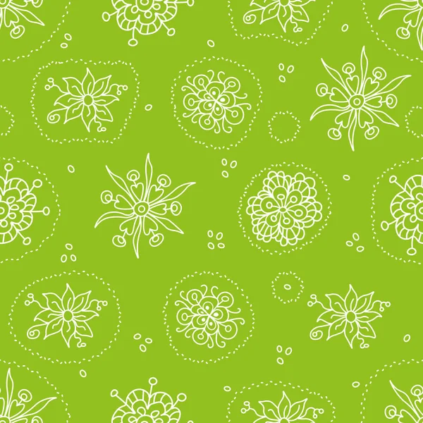 White Doodle Flowers Green Background Seamless Pattern Arranged Randomly Hand — Stock Vector