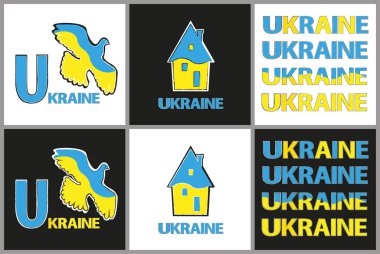 Ukrayna bayrağı vatansever bayrağını dikti. Kumru ve ev şeklinde sarı-mavi bayrak ve siyah ve beyaz üzerine izole edilmiş UKRAINE harfleri. Barış, ev, bağımsızlık, itibar kavramı.
