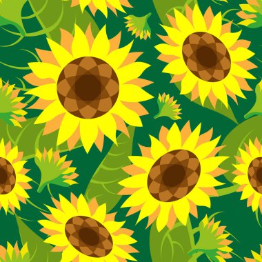 Sunflowers flat vector seamless pattern on green leaves background. For banner, background, print, greeting card