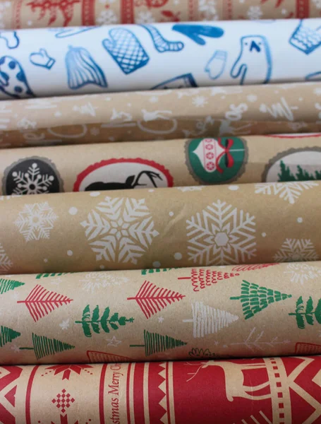 Christmas Wrapping Paper Rolls Wooden Ground Season — Stock Photo, Image