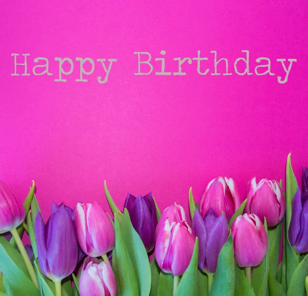 Tulipán Rózsaszín Alapon Boldog Születésnapot Szöveg Háttér — Stock Fotó