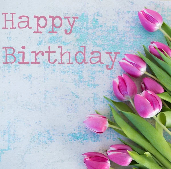 Tulipán Kék Földön Boldog Születésnapot Szöveg Háttér — Stock Fotó