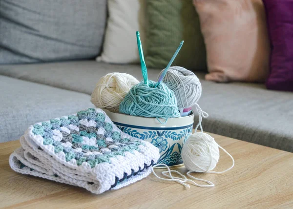 Blue White Wool Granny Square Crochet Hook Box Flowers Nordic — Stock Photo, Image