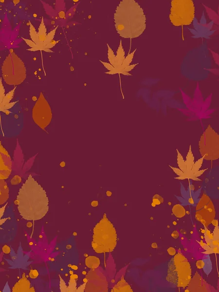 黄色和橙色的秋天树叶落在深红色的地面上 文字的背景为空白处 — 图库照片