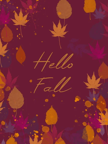 Yellow Hello Fall Text Dark Pink Ground Colorful Autumn Leaves — Stock Photo, Image