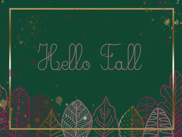 Hello Fall Text Dark Green Ground Golden Frame Pink Autumn — Fotografia de Stock