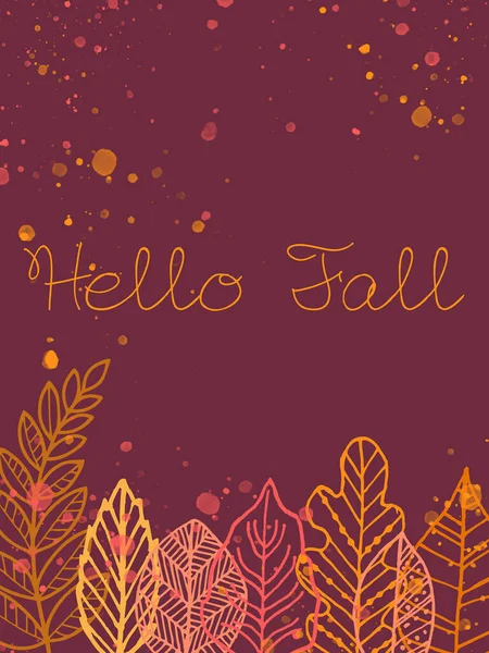 Yellow Hello Fall Text Dark Pink Ground Colorful Autumn Leaves — Stock Photo, Image