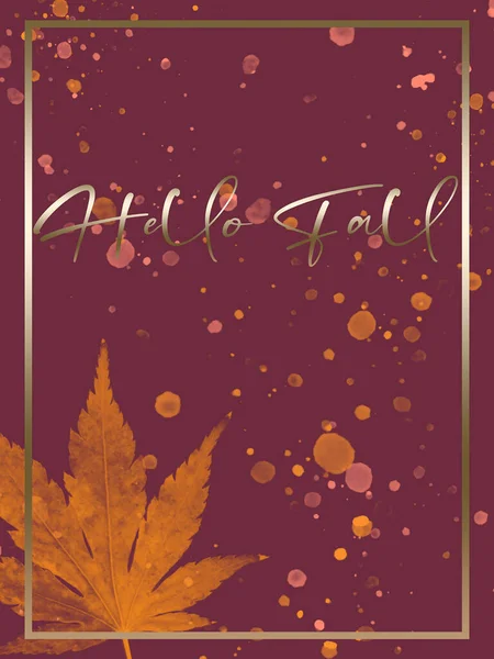 Złoty Hello Jesień Tekst Ciemny Różowy Grunt Kolorowe Jesienne Liście — Zdjęcie stockowe
