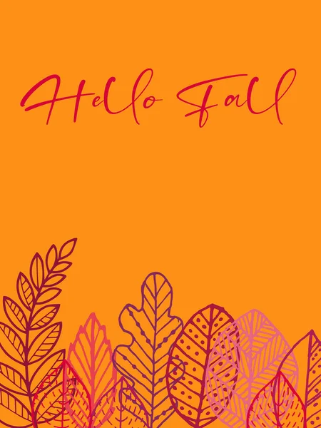 Hallo Herfst Tekst Gele Grond Met Kleurrijke Herfstbladeren Vallen Achtergrond — Stockfoto