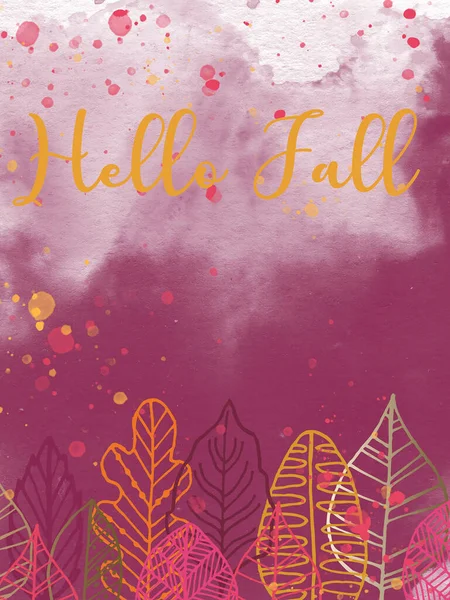 Hallo Herfst Tekst Roze Aquarel Achtergrond Met Kleurrijke Herfstbladeren Vallen — Stockfoto