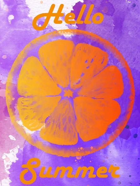 Hallo Sommer Text Auf Violettem Aquarell Hintergrund Mit Orangefarbenem Hintergrund — Stockfoto