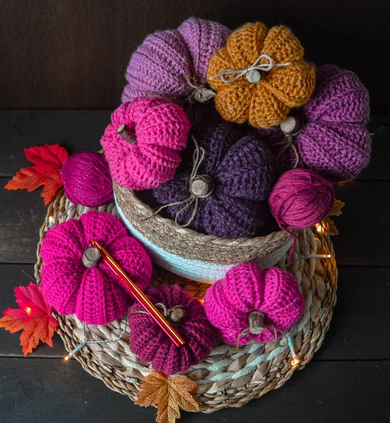 Pink Colored Crochet Pumpkins Autumn Leaves Dark Brown Wooden Ground — Stock Photo, Image